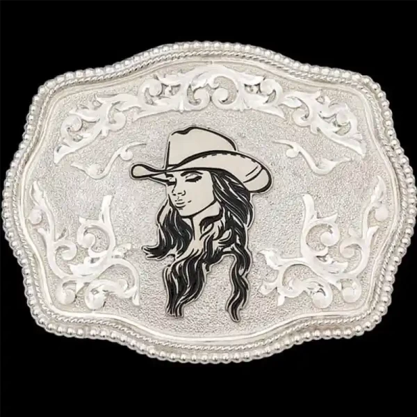 "Bold spirit, untamed heart. Our Cowgirl Belt Buckle is expertly  crafted on a classic bright German Silver base, accented with intricate western-inspired scrollwork. At the heart of this buckle is our one-of-a-kind cowgirl figure, with hand-painted 